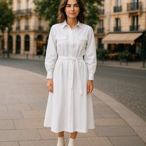 Ms. Chaus White Cotton Blend Shirt Dress Utility Style Midi with Belt Size 14